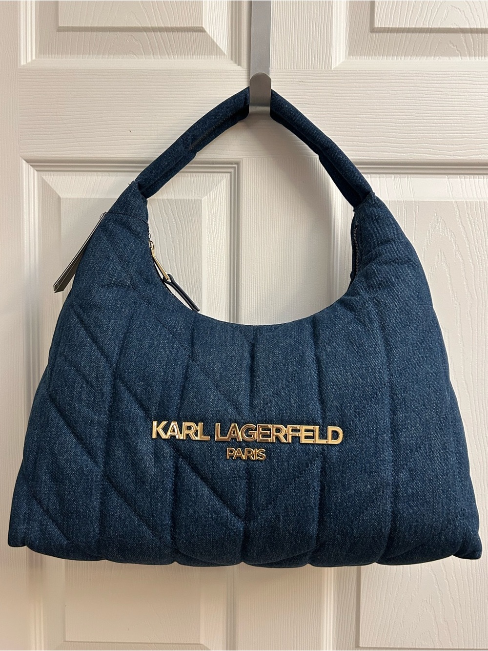 Karl Lagerfeld Quilted Dark Blue Denim Shoulder Bag with Gold Logo - Picture 1 of 16